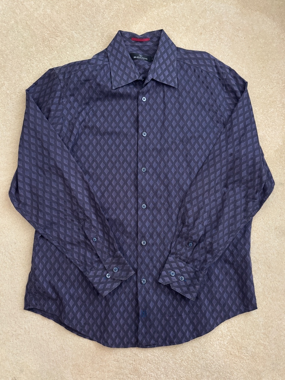 Bugatchi Men's Patterned Dress Shirt Deep Blue Size Large